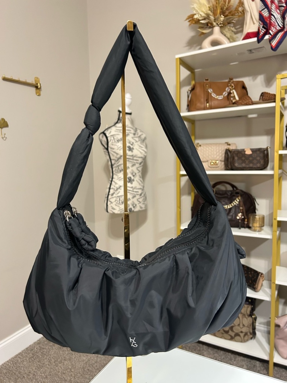 “Happily Grey” Black Padded Shoulder Bag with Knotted Strap